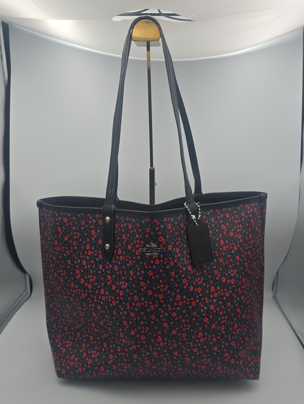 Coach Black & Red Reversable Floral/ Black Large Tote W Silver Hardware (GOOD)🥀 - Picture 1 of 15